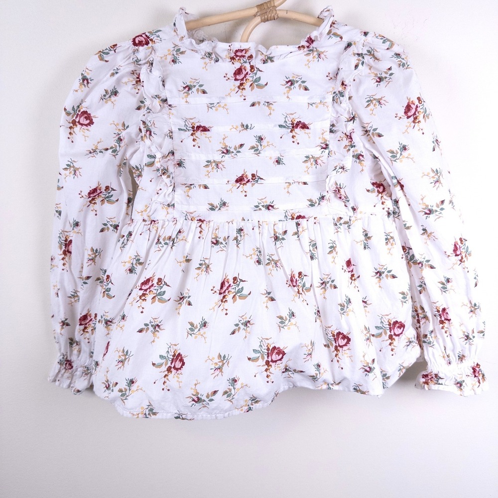 Janie and Jack Floral Blouse Kids Size 5 White Ruffle Long Sleeve Top‎